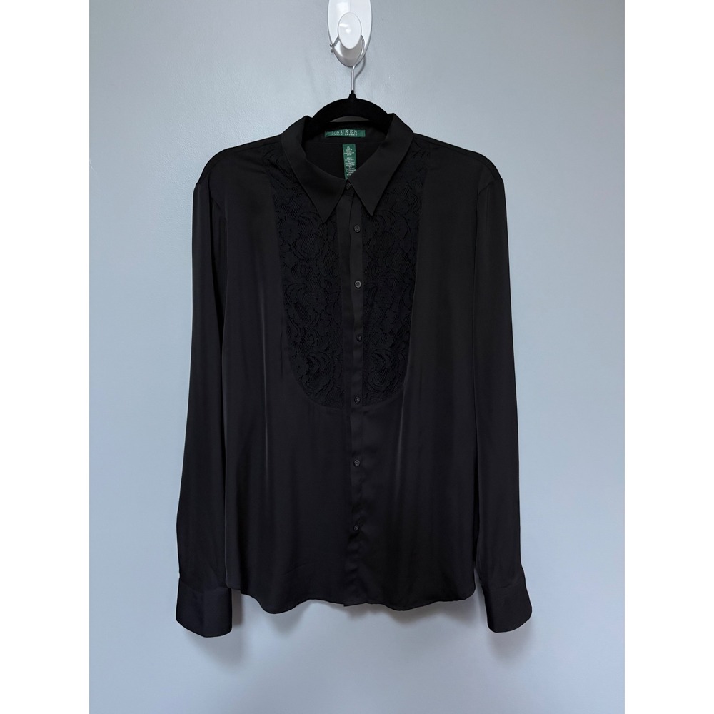 Lauren Ralph Lauren Black Lace Bib Long Sleeve Button Down Blouse XL